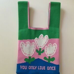 NEW Knit Woven Stretchy Fabric Bag Small Purse Handles Wrist Loop Flowers YOLO